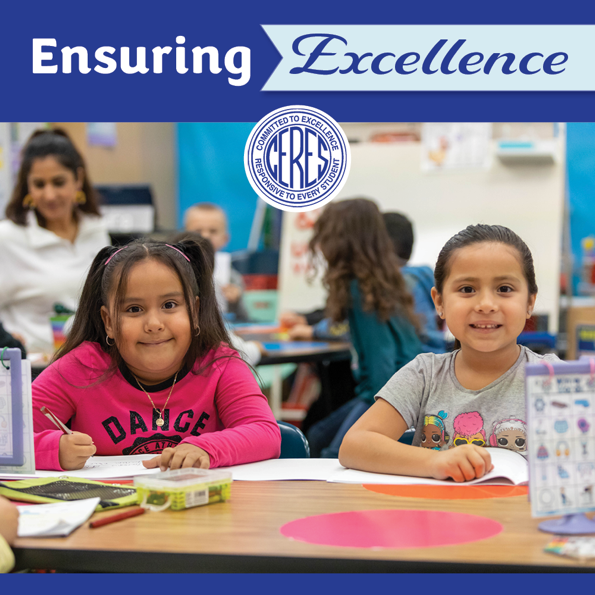 Two students at table, headline reads "Ensuing Excellence"