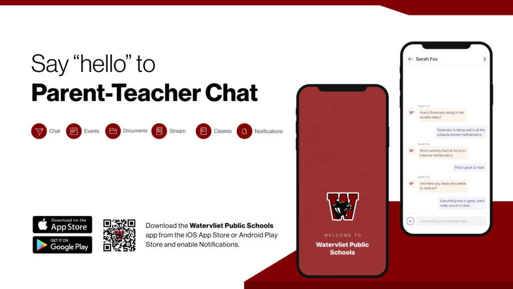 cell phones graphic. Text: Say "hello" to Parent-Teacher Chat