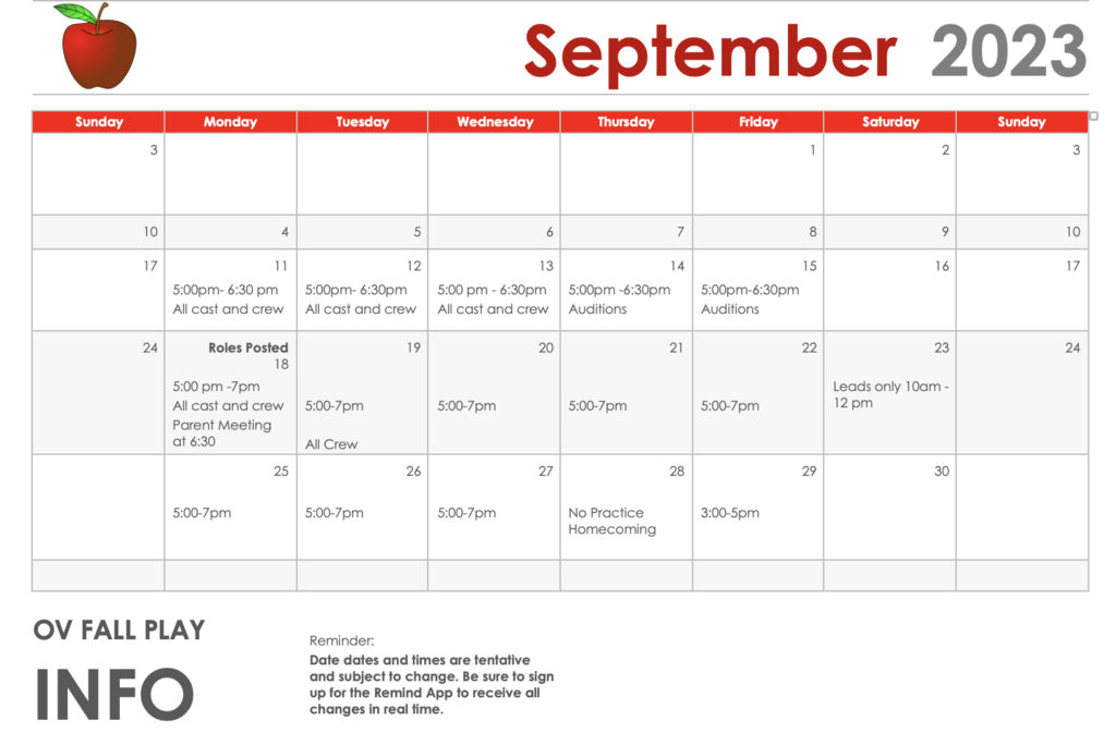 A grid calendar for September 2023 indicates fall play information