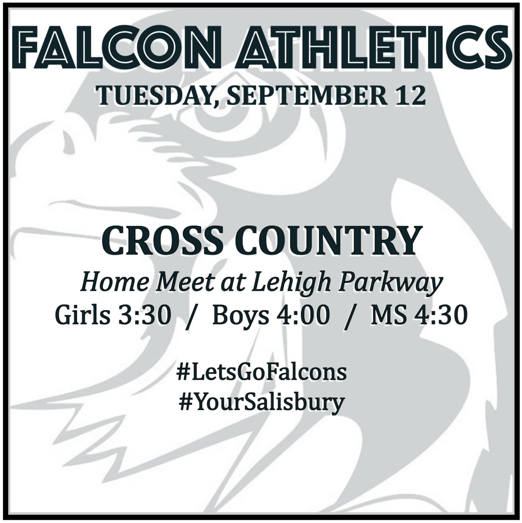 CROSS COUNTRY Home Meet at Lehigh Parkway: Girls 3:30, Boys 4:00, MS 4:30.