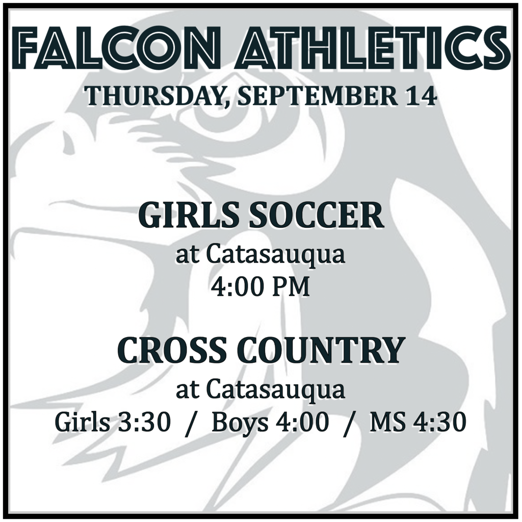 GIRLS SOCCER at Catasauqua: 4:00 PM.  CROSS COUNTRY at Catasauqua: Girls 3:30, Boys 4:00, MS 4:30.