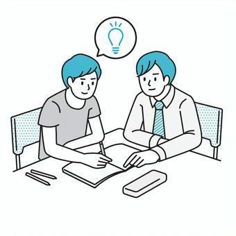 cartoon image of a teacher helping a student, both are sitting at a table with a book and pencils. A light bulb is above the student's head