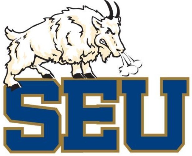 An angry ram on top of the letters SEU representing the St. Edwards University mascot and logo.