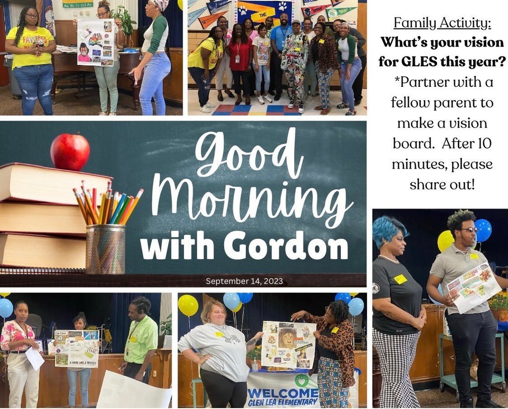 picture collage of parents presenting posters with the words "What's your vision for GLES this year?"