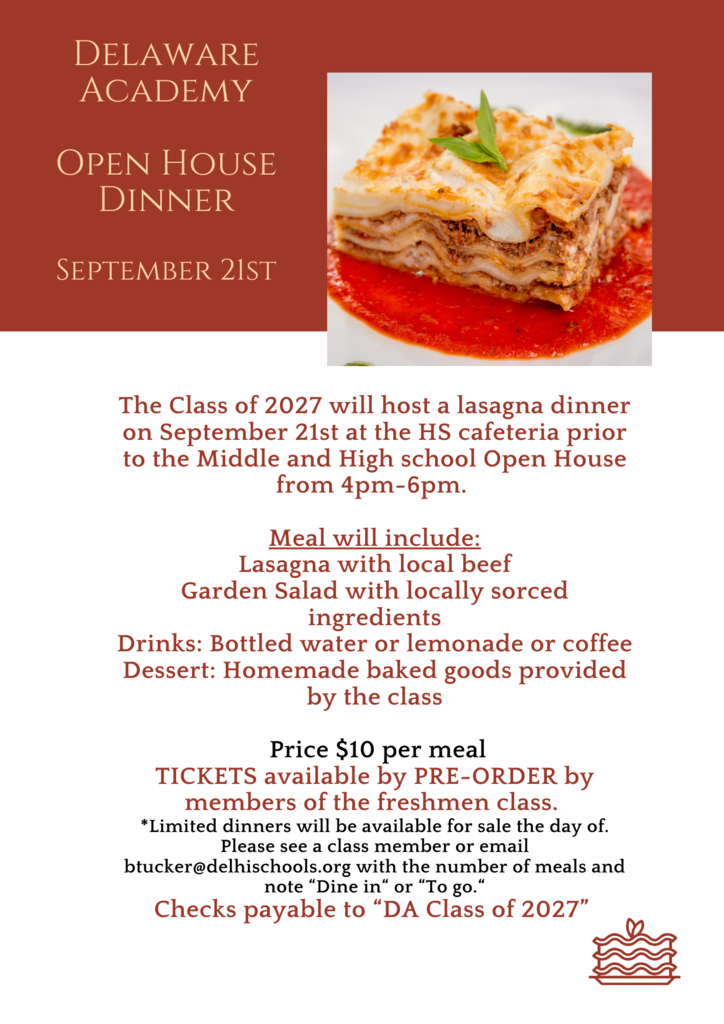 Poster for Class of 27 Lasagna Dinner, September 21 from 4 to 6 pm in the high school cafeteria