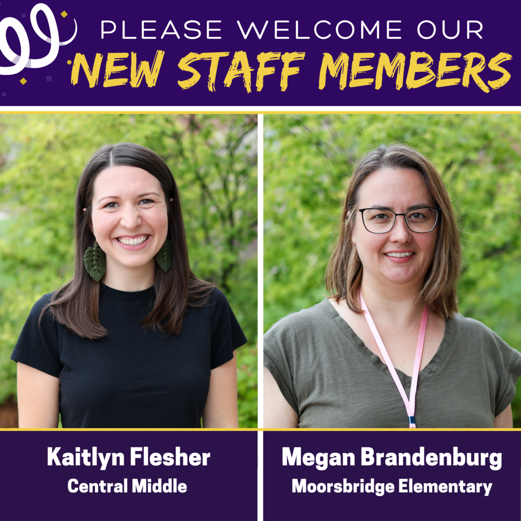a side by side of two people smiling at the camera and a graphic that says Please Welcome Our New Staff Members