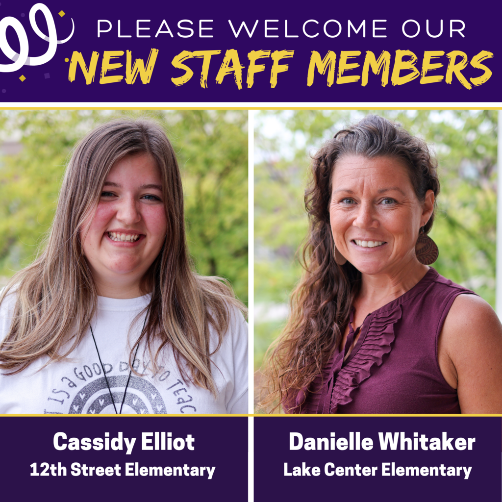 a side by side of two people smiling at the camera and a graphic that says Please Welcome Our New Staff Members