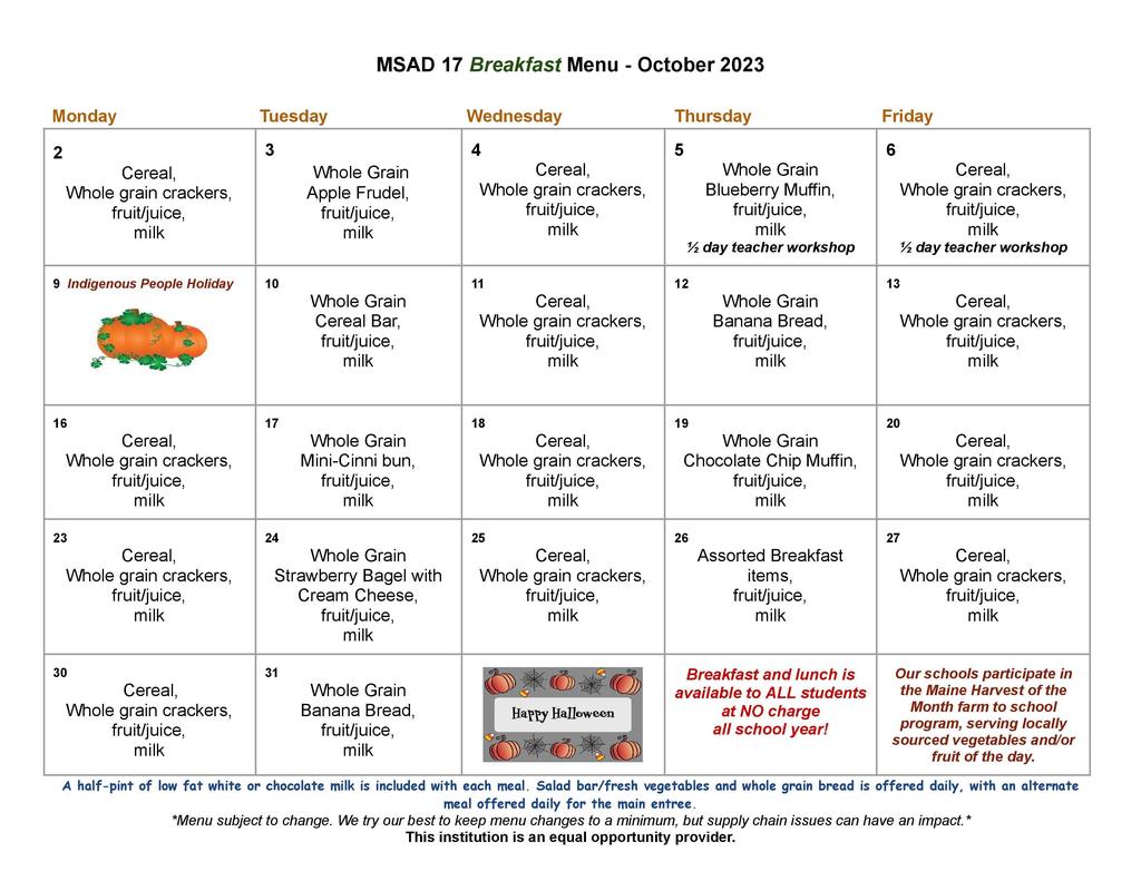 October Breakfast Menu