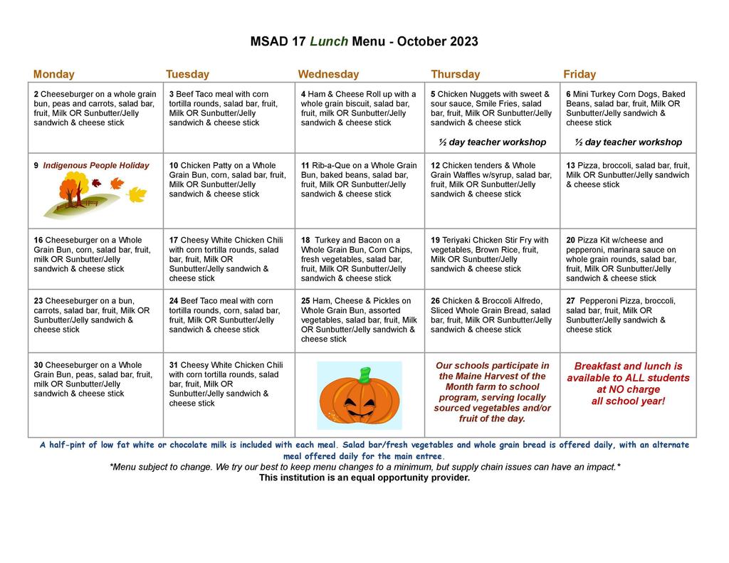 October Lunch Menu