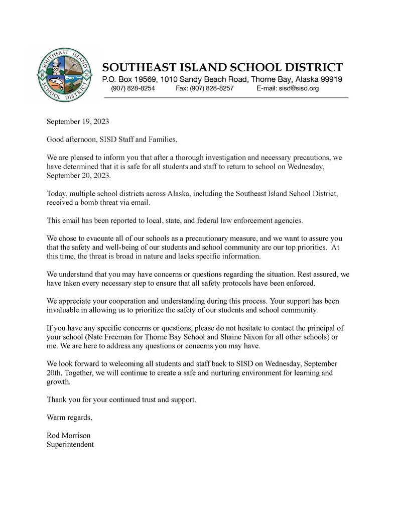 letter to parents and staff re evacuation followup