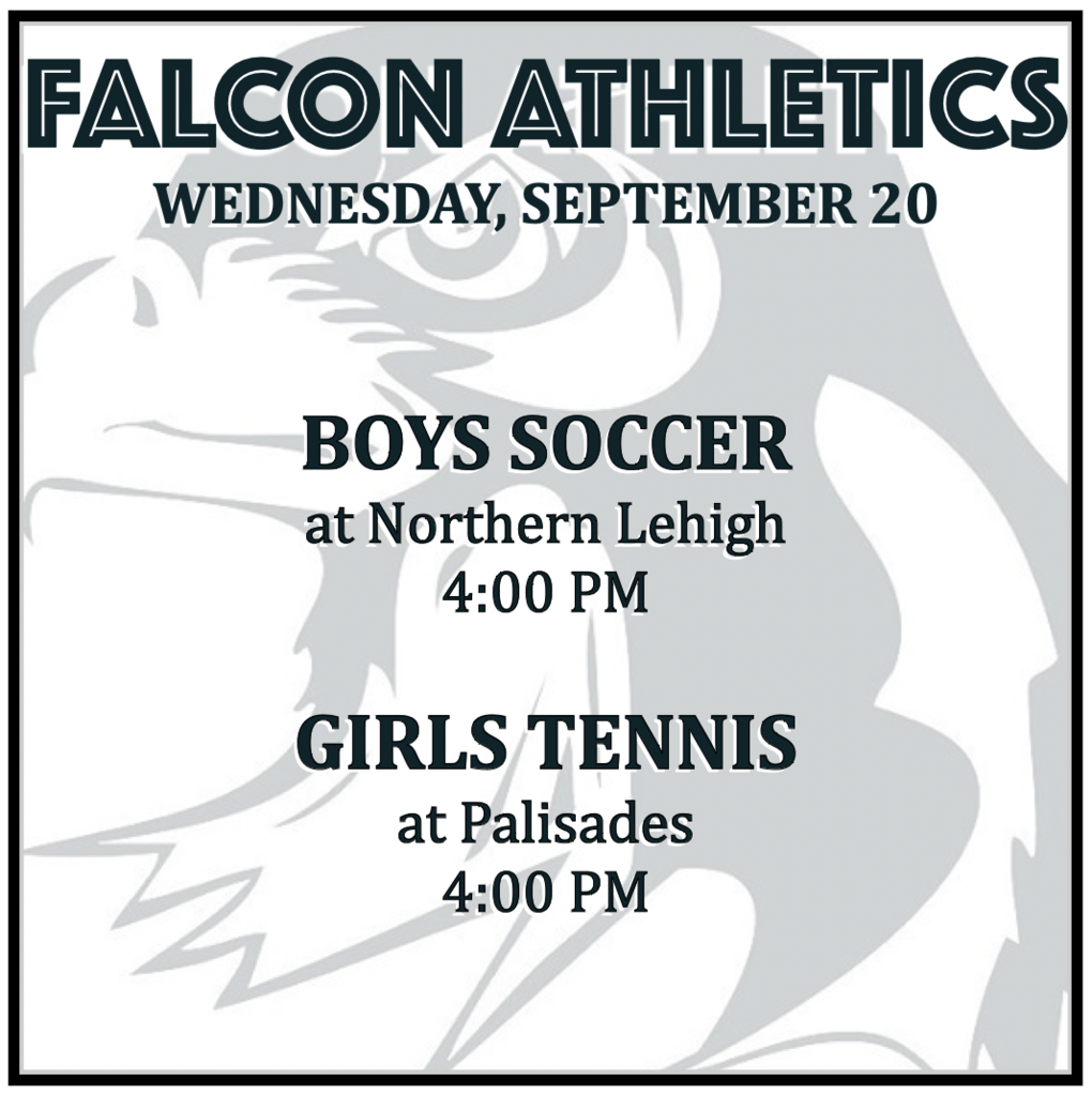 BOYS SOCCER at Northern Lehigh: 4:00 PM.  GIRLS TENNIS at Palisades: 4:00 PM.