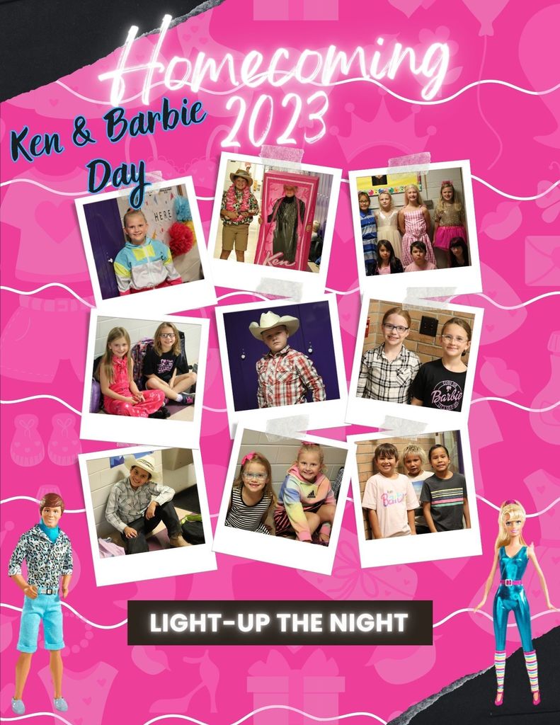 pictures of elementary students dressed up on Ken & Barbie day at homecoming 2023