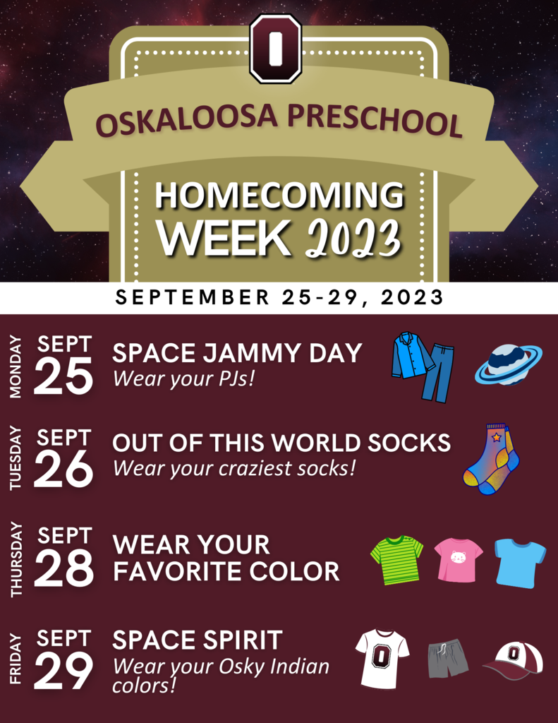 Osky Preschoolers: Get ready for an amazing Homecoming Week full of fun dress-up days! 🎉 We can’t wait to see our littlest learners show off their school spirit!