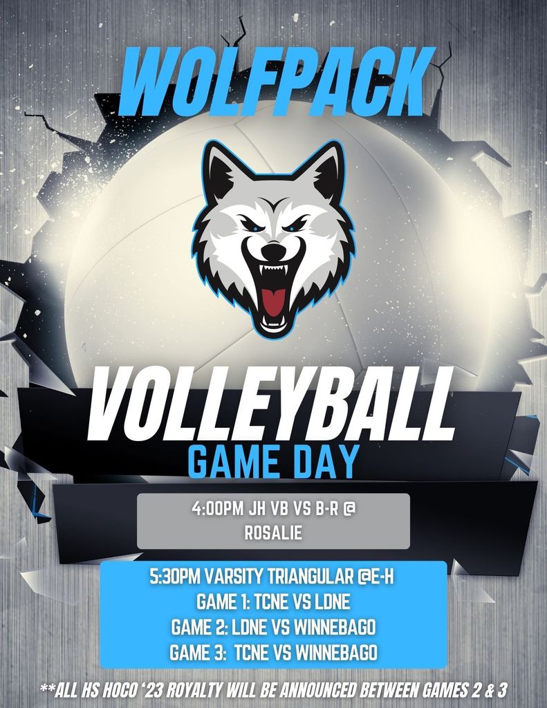 Wolfpack junior high and varsity volleyball teams are taking the court today! JH volleyball is at B-R at 4 PM and  HS VB is hosting LDNE & Winnebago for a varsity triangular at EHHS starting at 5:30. Homecoming Royalty will be announced between games 2 & 3. Go Pack Go! 