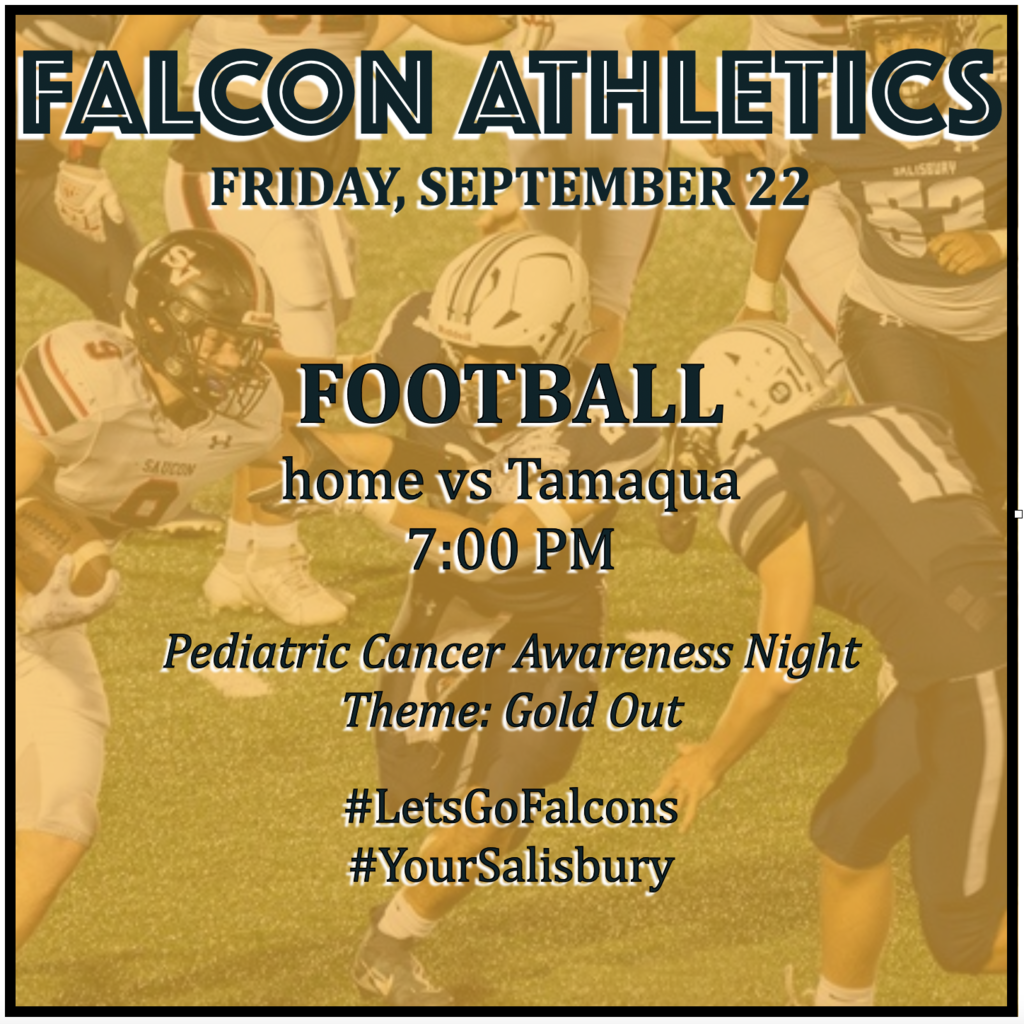 FOOTBALL home vs Tamaqua: 7:00 PM.  Tonight is Pediatric Cancer Awareness Night. Wear gold-colored clothing!