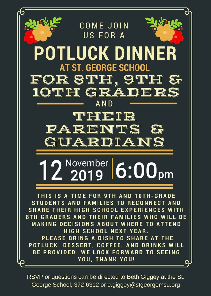 8th Grade & High School Students and Families Potluck Dinner Poster