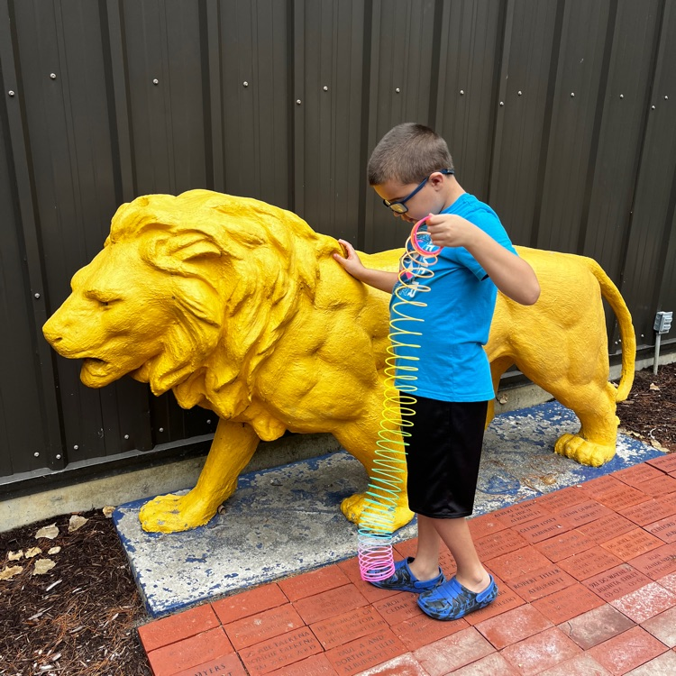 Visiting with a lion while waiting for friends to ride the train!