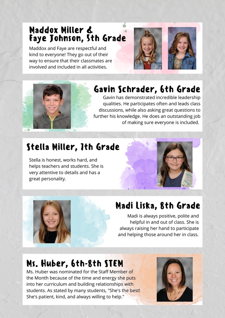 Maddox Miller, Faye Johnson, Gavin Schrader, Stella Miller, Madi Liska, Ms. Huber