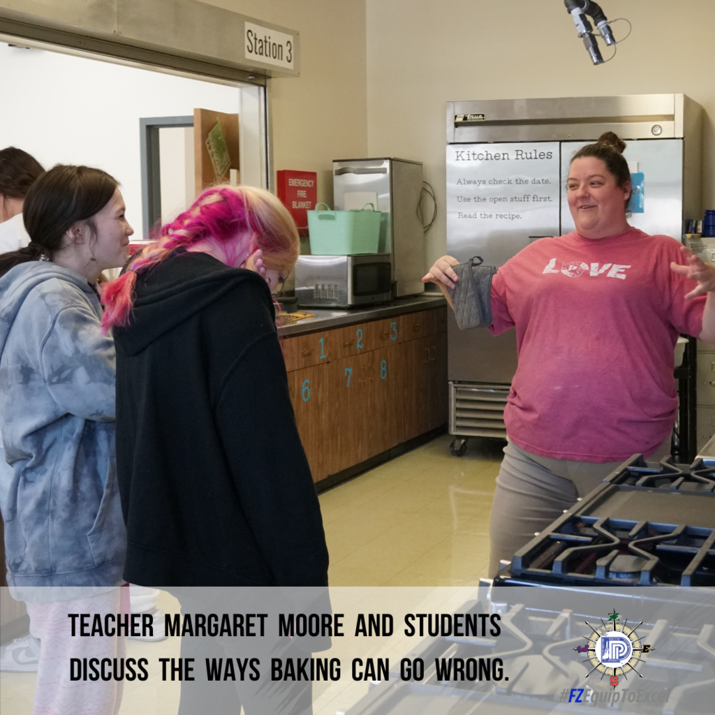 teacher  margaret  moore  and  students  discuss  the  ways  baking  can  go  wrong.