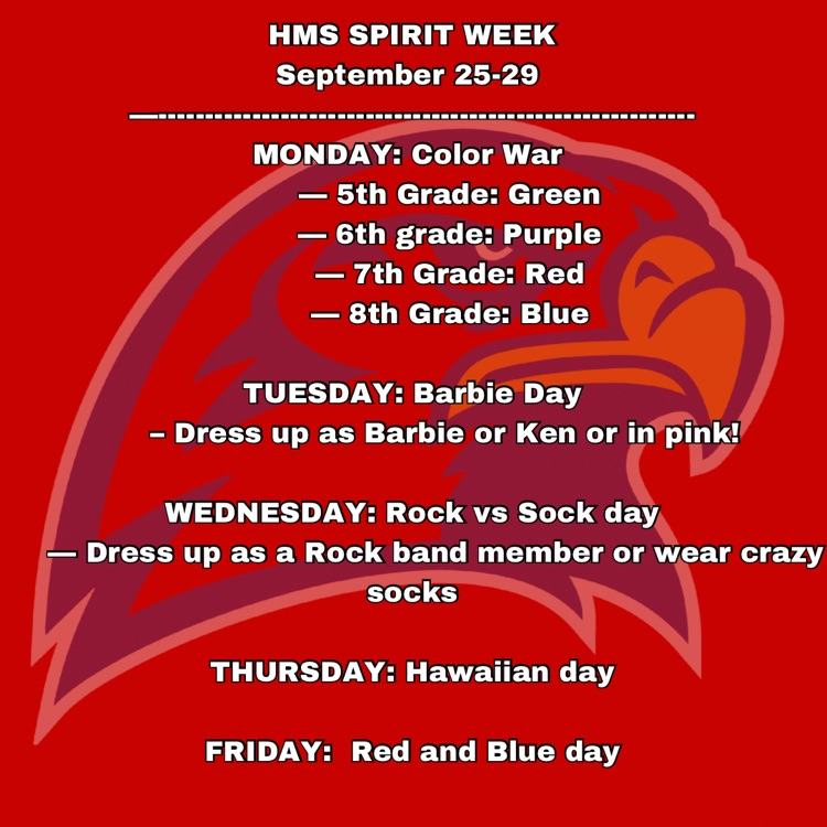 Hiawatha Middle School Spirt Week! September 25th - September 29th  🔴🔵 #HMSRedHawks #USD415 #RedHawkReady #Hiawathaks #HiawathaKansas #VisitHiawatha 🔴🔵 