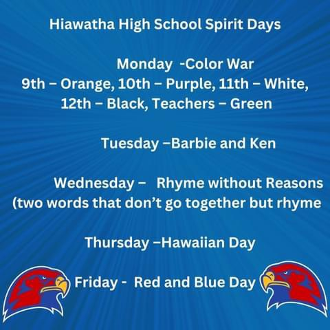 Hiawatha High School Spirt Week!  September 25th - September 29th   🔴🔵 #HHSRedHawks #USD415 #RedHawkReady #Hiawathaks #HiawathaKansas #VisitHiawatha 🔴🔵 