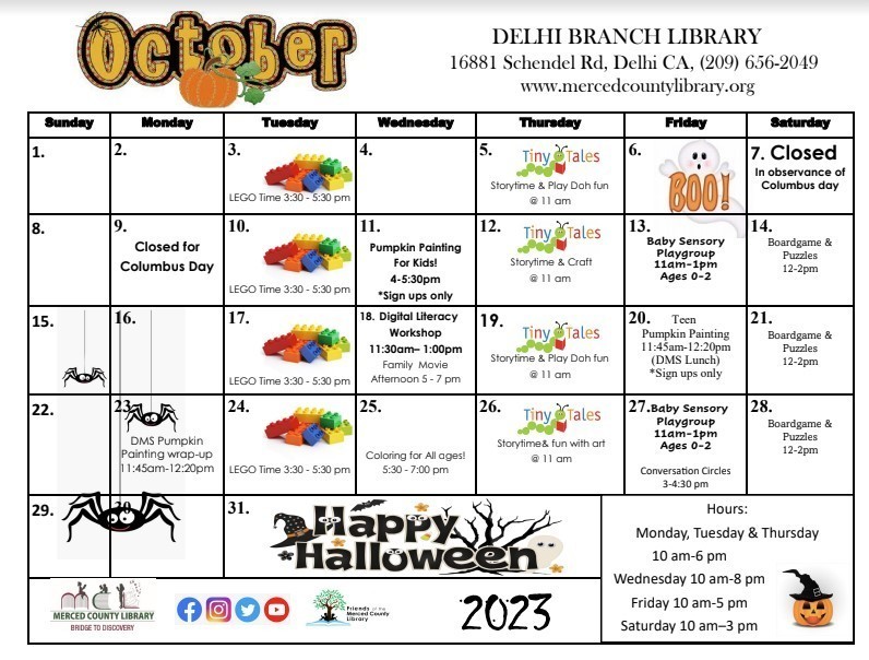 Visit the McCandless Library at the Delhi Ed Park during the month of October to participate in fun spooky activities.  The McCandless Library is a branch of the Merced County Library.