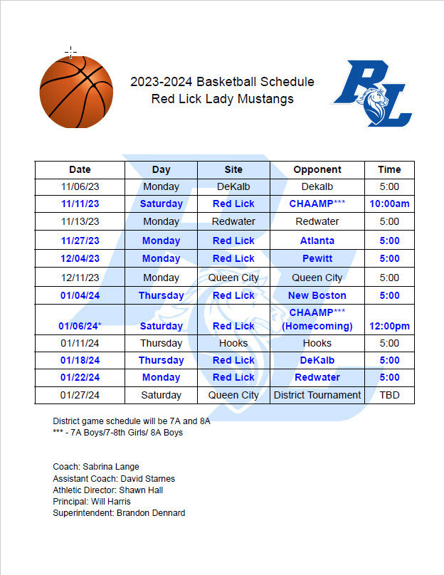 Girls Basketball Schedule