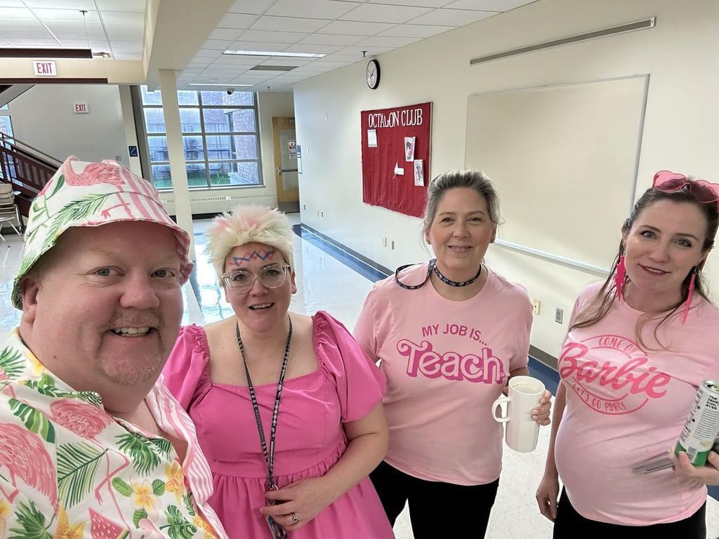 Staff and students in pink.
