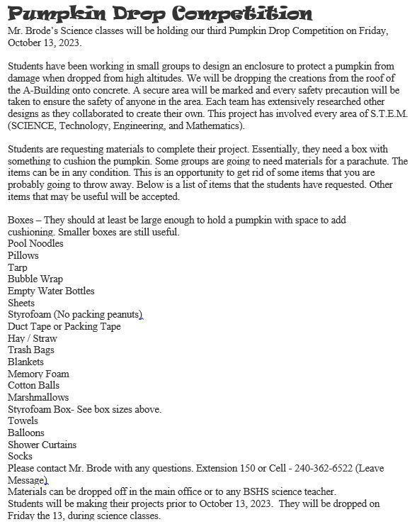 Pumpkin Drop Materials Needed