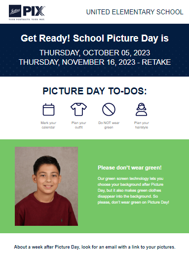 Elementary Picture Day is Tomorrow 10/5/2023 Preschool - K5