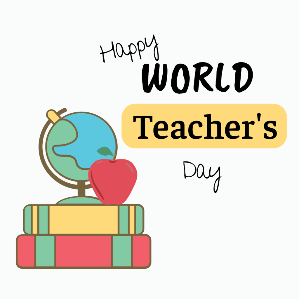 Happy World Teacher's Day with a globe apple and books