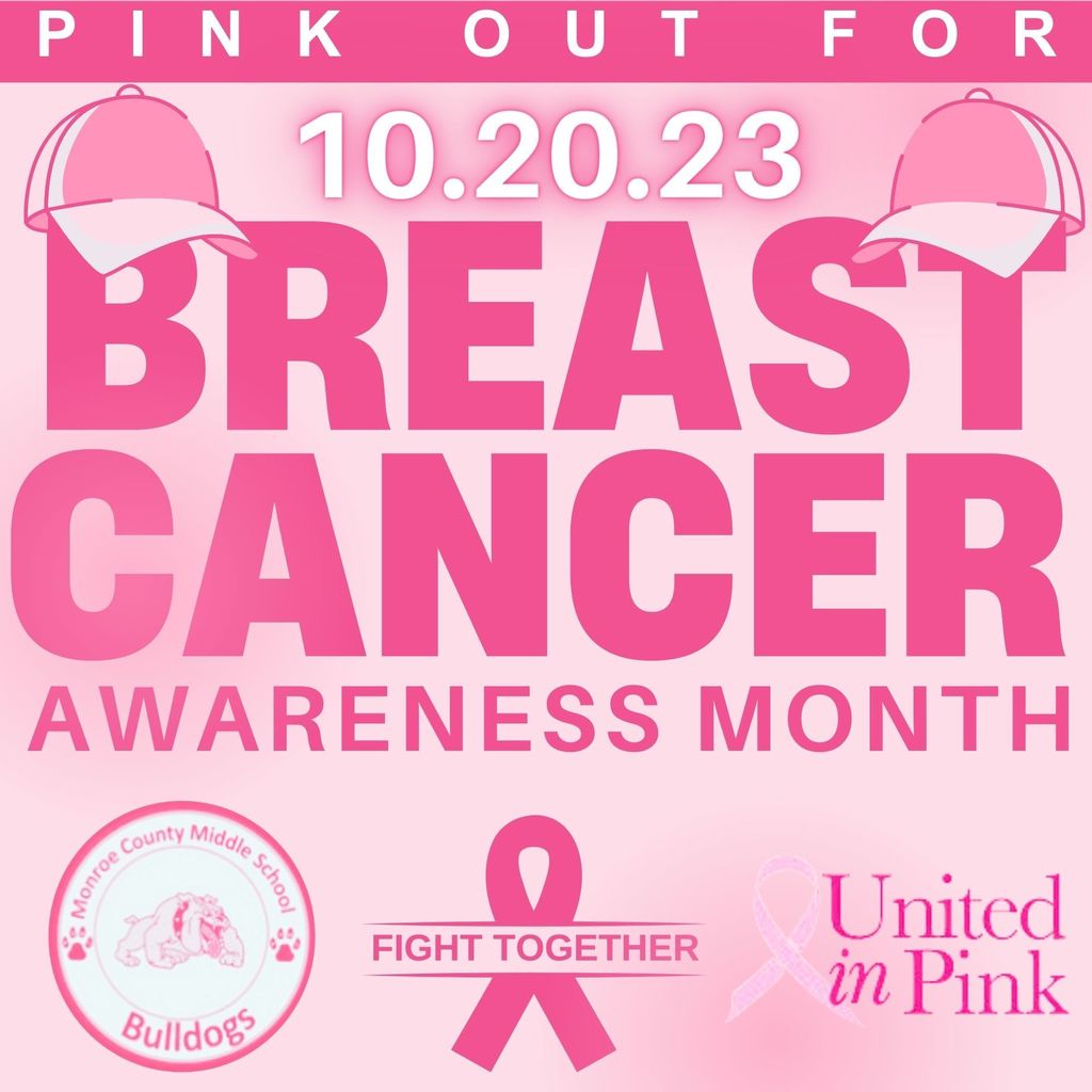 pink out for Breast Cancer Awareness month – 10.20.23 – mcms logo – fight together on breast cancer logo – united in pink logo