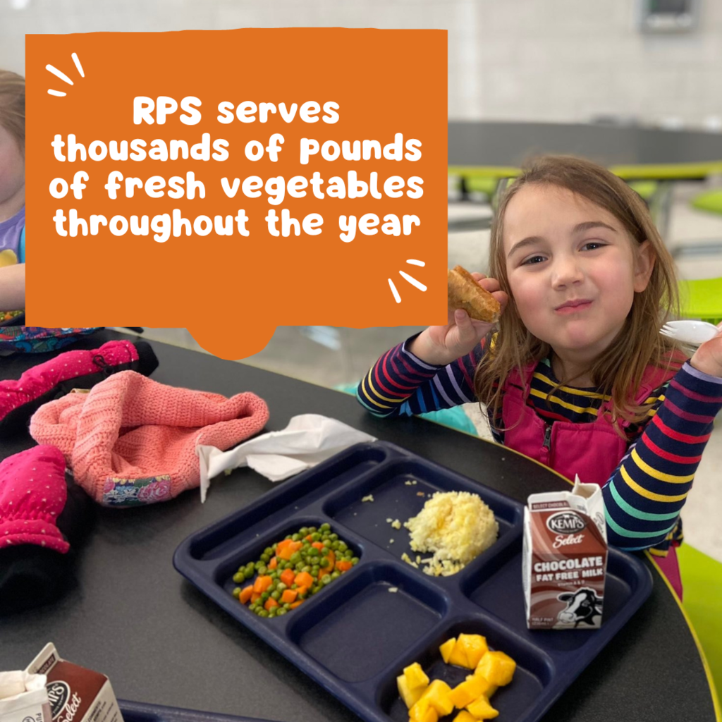 Text: RPS serves thousands of pounds of fresh vegetables throughout the year. Image of student eating a sambusa with fresh peas and carrots in the lunch room.
