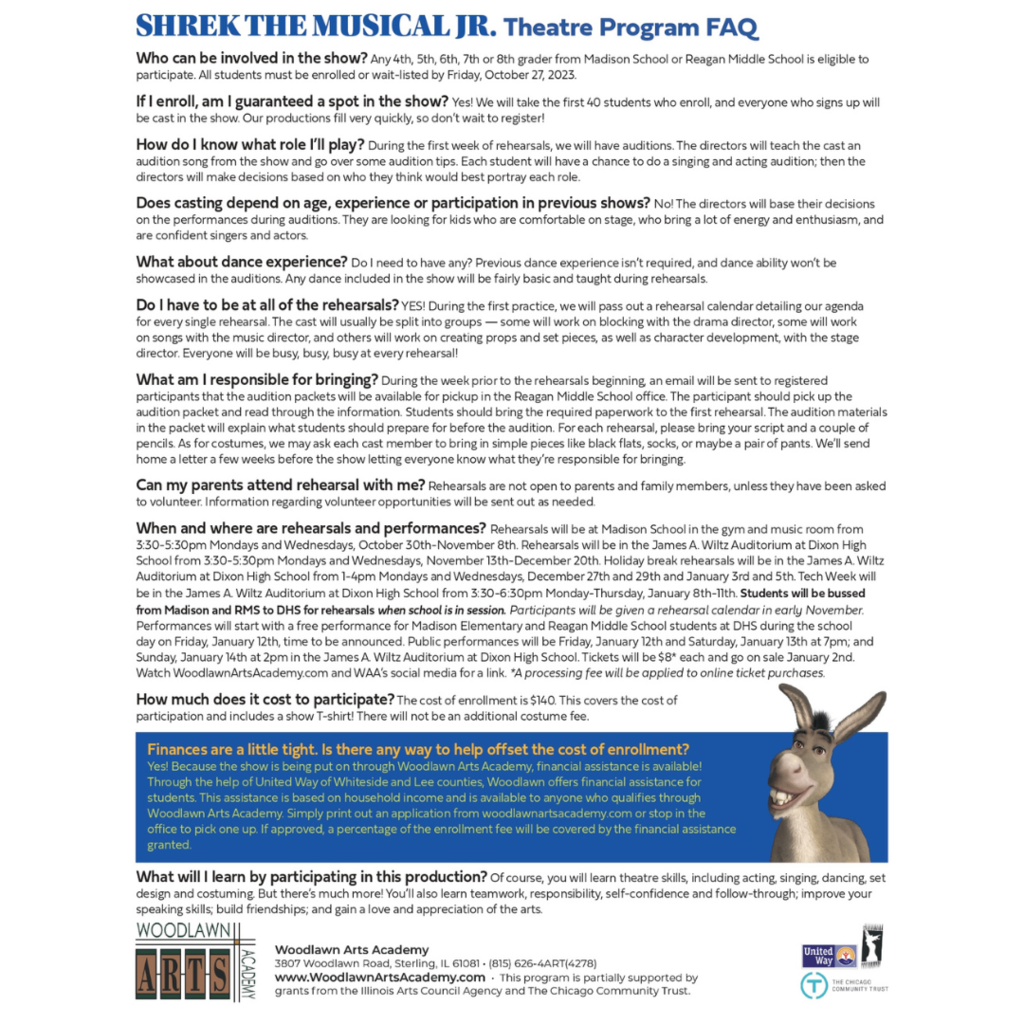 Flyer with Shrek The Musical Jr sign up information