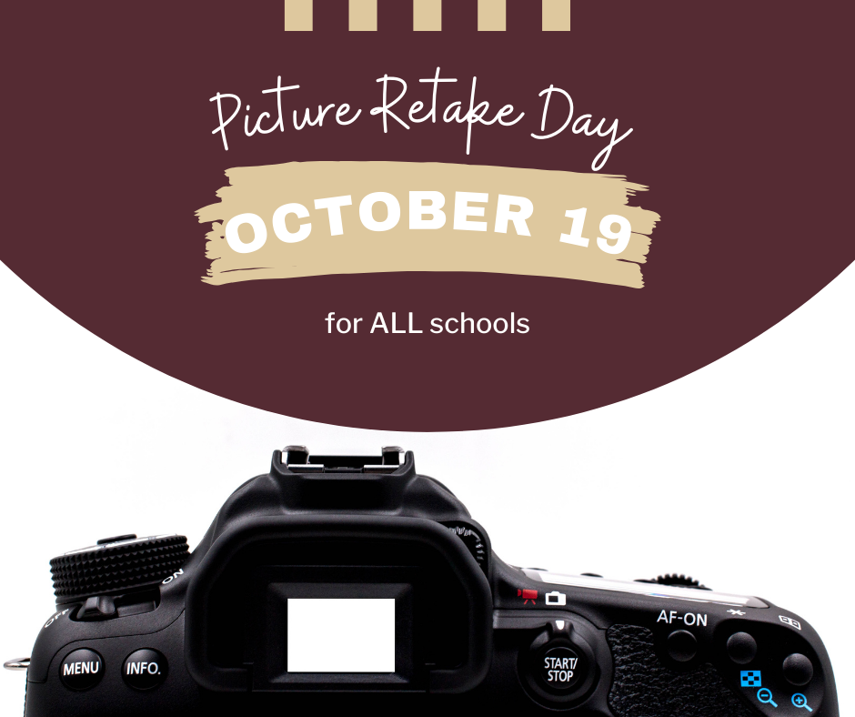 Graphic with a camera and message saying Picture Retake day is October 19