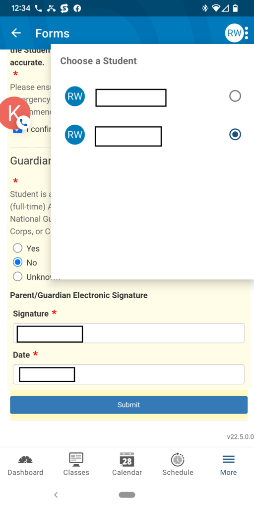 PowerSchool screen shot of choosing different student