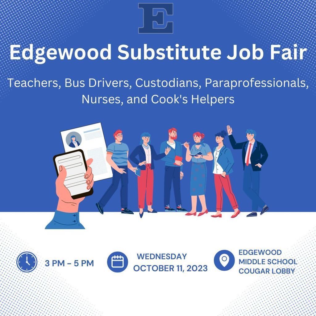 graphic with people standing around talking, substitute career fair oct 11, 3-5 pm EMS lobby