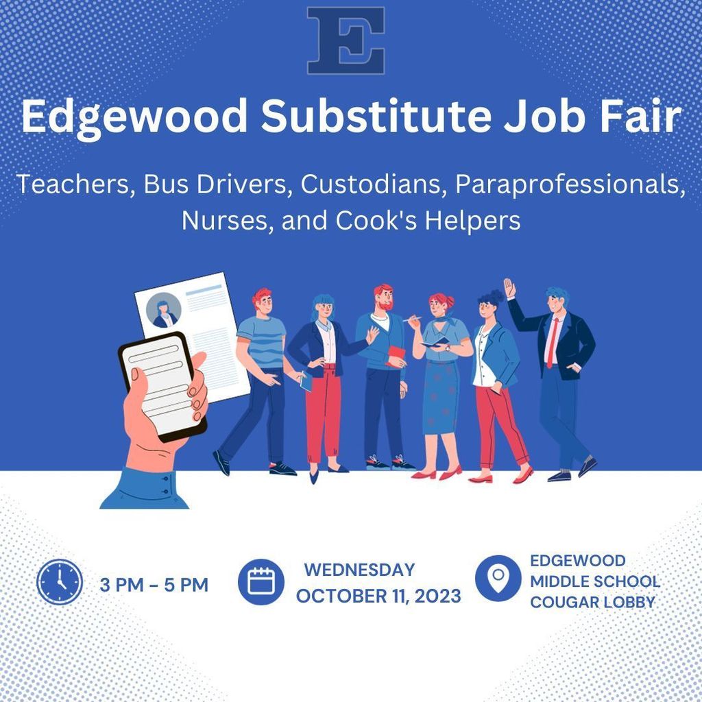 graphic with people standing around talking, substitute career fair oct 11, 3-5 pm EMS lobby 