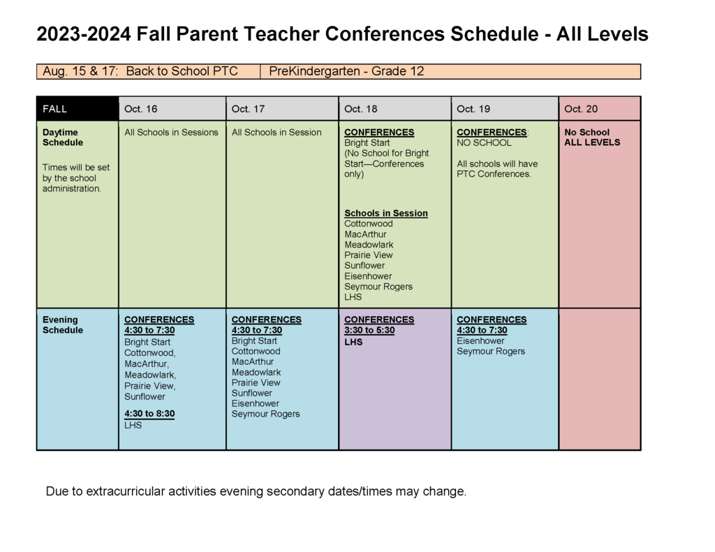 2023 Fall Parent Teacher Conferences Schedule