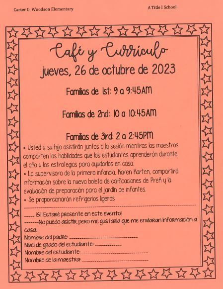 Coffee and Curriculum flyer in Spanish