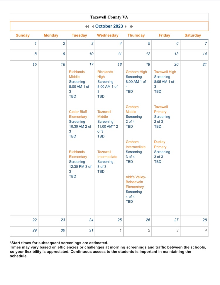 vision screening calendar