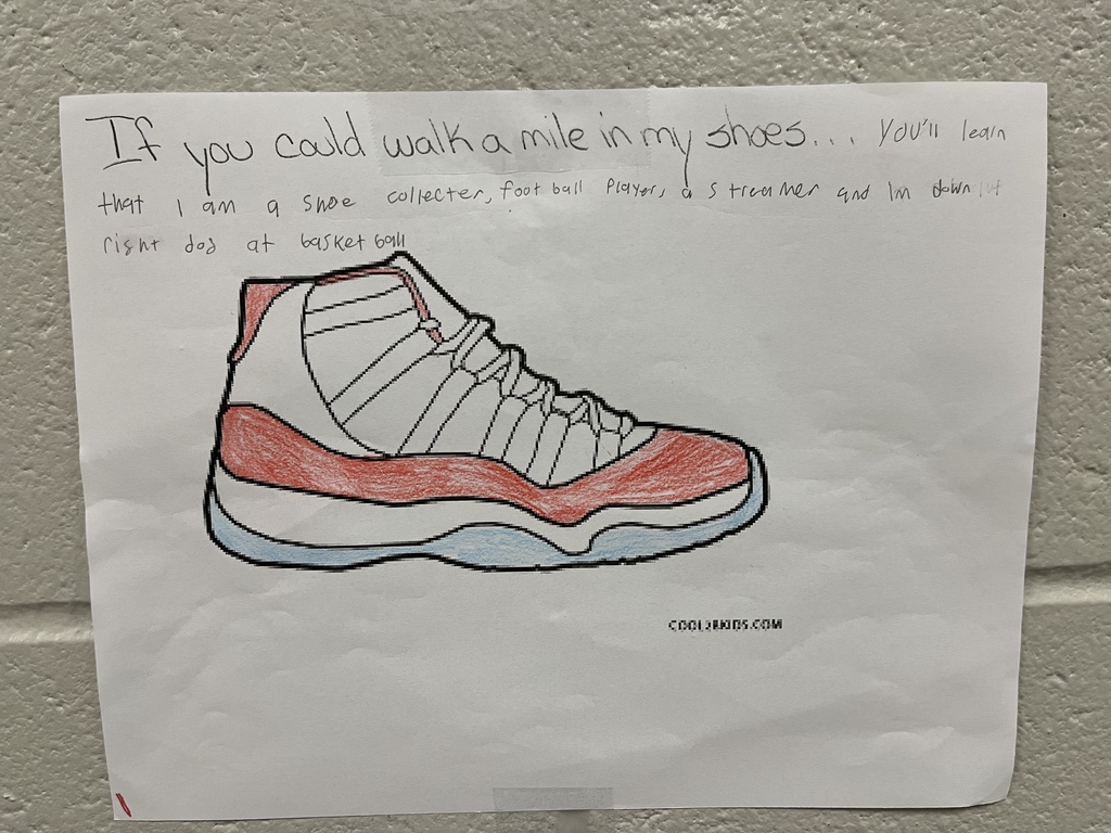 Drawing of a shoe that has been decorated and has text telling about the student who decorated it.