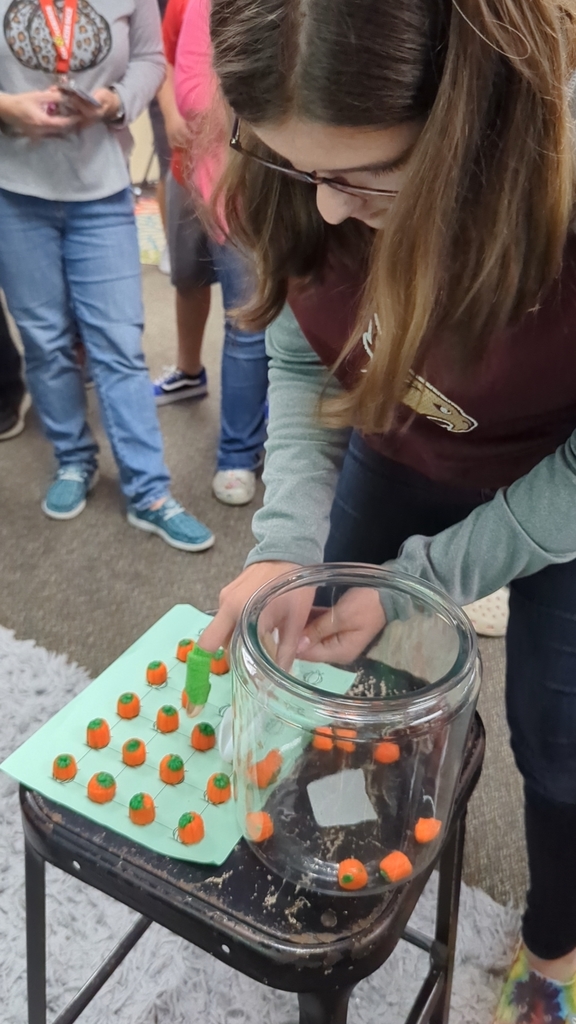 student picking up candy pumpkins with her pumpkin picker