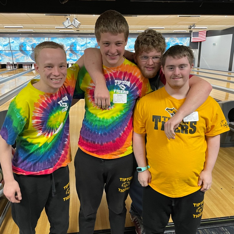 Group bowling at Special Olympics.