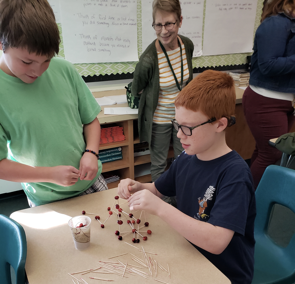 Students building a cranberry tower