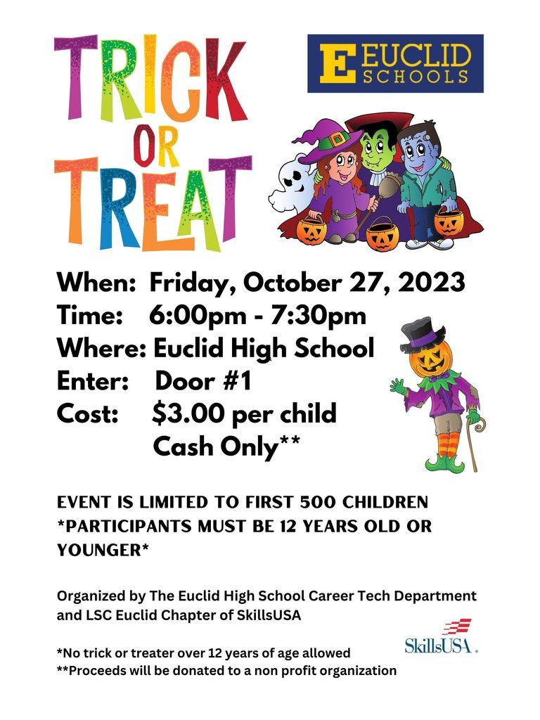 Trick or Treat at EHS Flyer. Friday, 10/27/23. 6-7:30pm. $3 per child.