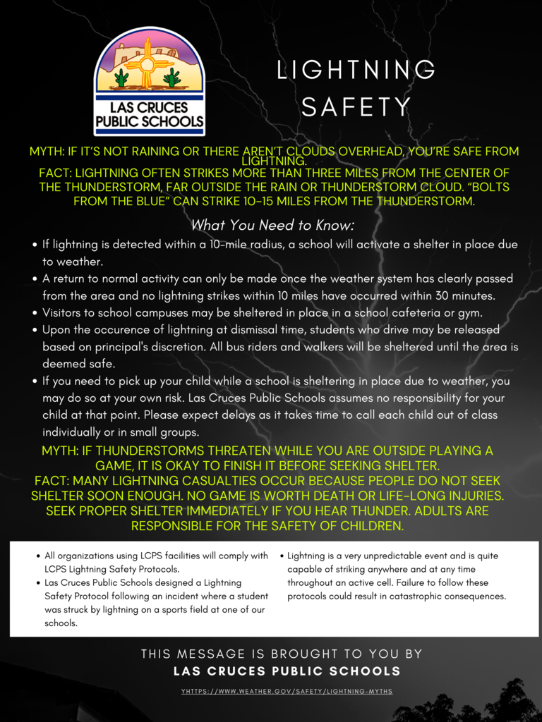 Dear parents and guardians, all schools at LCPS have gone into a shelter-in-place due to lightning detected within 10 miles of our schools. Upon the occurrence of lightning at dismissal time, students who drive may be released based on principal’s discretion. All bus riders and walkers will be sheltered until the area is deemed safe. If you are picking up your child while a school is sheltering in place due to weather, you may do so at your own risk. We apologize for the inconvenience. *Please note that buses will be running late today.