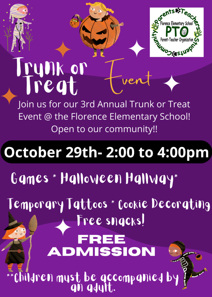 🎃 Get Ready for Spooktacular Fun at Our 3rd Annual Trunk or Treat Event! 🎃 Calling all goblins, witches, superheroes, and little monsters! Florence Elementary School invites you to join us for a spine-tingling afternoon of Halloween delights at our 3rd Annual Trunk or Treat Event! 📅 Date: October 29th 🕑 Time: 2:00 PM - 4:00 PM 🏫 Location: Florence Elementary School This fang-tastic event is OPEN to our wonderful community, so spread the word and bring your friends, neighbors, and family along for an unforgettable Halloween experience. 👻 What's in Store? 👻 🎯 Games: Test your skills and win some spooktacular prizes at our Halloween-themed games. 🕸️ Halloween Hallway: Venture into our eerie Halloween Hallway for a thrilling journey of surprises and scares. 🍬 Free Snacks: Satisfy your sweet tooth with delicious free snacks for all! 🎨 Temporary Tattoos: Get inked with cool temporary tattoos that'll make your Halloween costume even more impressive. 🍪 Cookie Decorating: Unleash your inner artist by decorating your own Halloween cookies. A treat for your taste buds and your creativity! Please remember that this event is all about family fun, so children must be accompanied by an adult. Admission? It's absolutely FREE! 🎉 So, mark your calendars, assemble your costumes, and join us for an afternoon of Halloween magic and community spirit. We can't wait to see you at the 3rd Annual Trunk or Treat Event at Florence Elementary School on October 29th from 2:00 PM to 4:00 PM. Get ready for a spooktacular time! 🕷️🕯️🦇