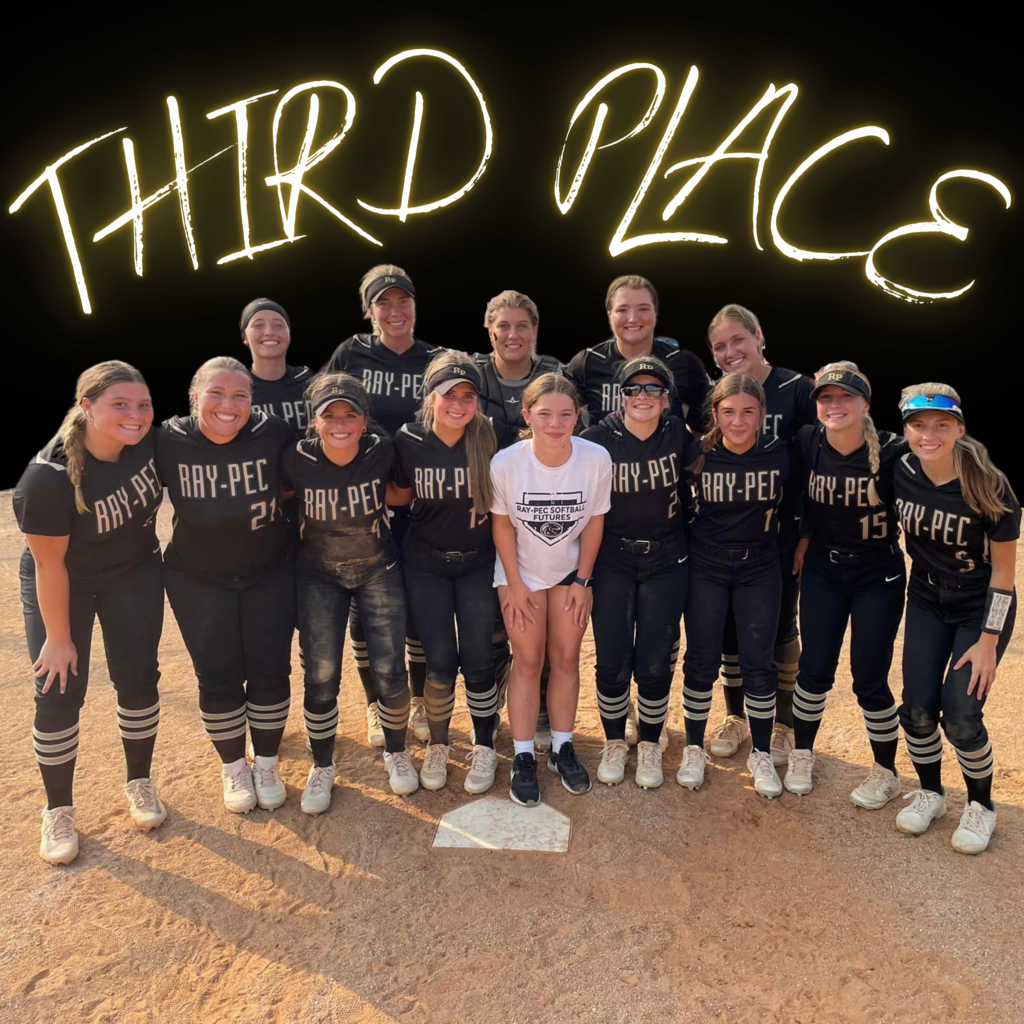 third place written about a photo of the softball team posing together