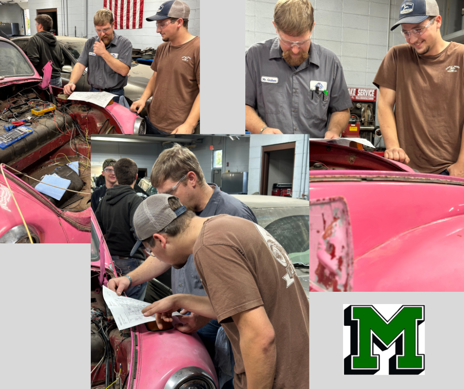 A student and teacher work together to fix up a car in auto class. 